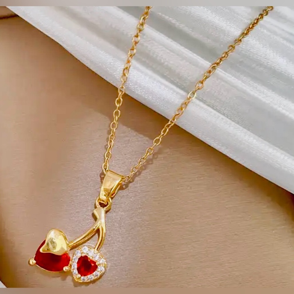 Titanium Steel Cherry Motif Necklace with Red & Clear Stones